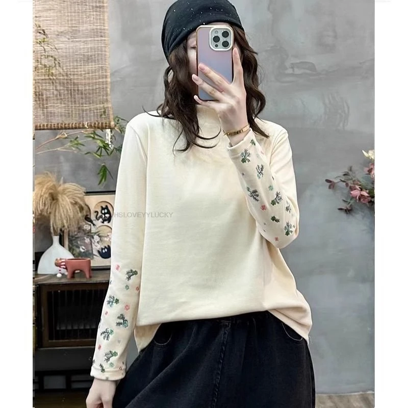 خمر النمط الصيني الكلاسيكي التطريز العرقية نصف الياقة المدورة قاعدة طبقة دافئة أعلى الخريف الشتاء قاعدة النمط الصيني الجديد