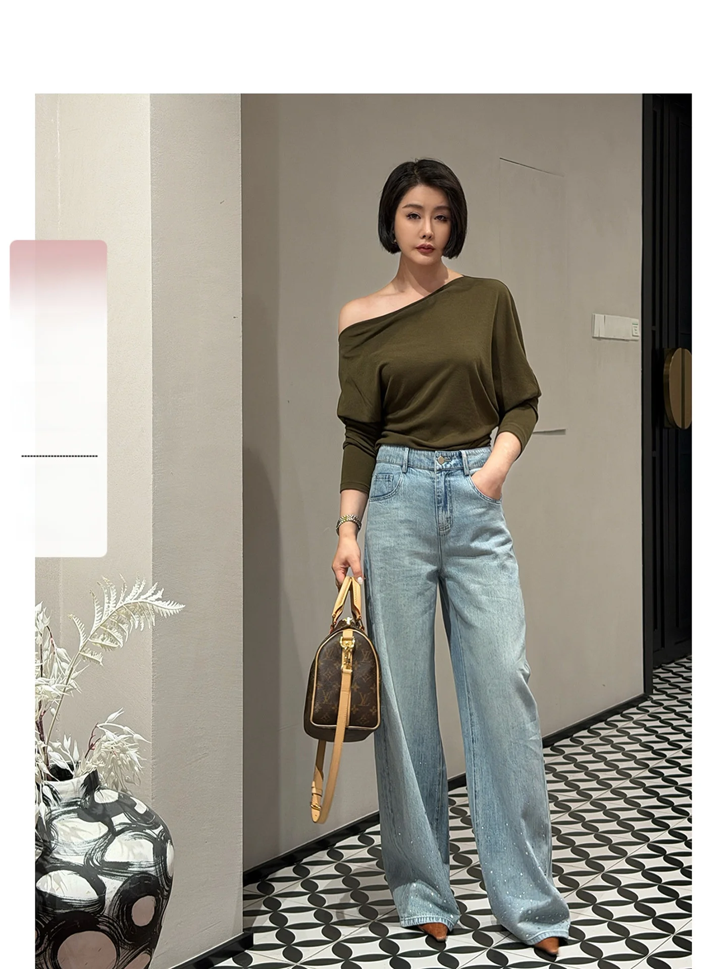 

iny Rhinestone Embellied Super Soft Casual Loose Straight Leg Spring Summer Denim Jeans Women's High Waist Stretch Fabric