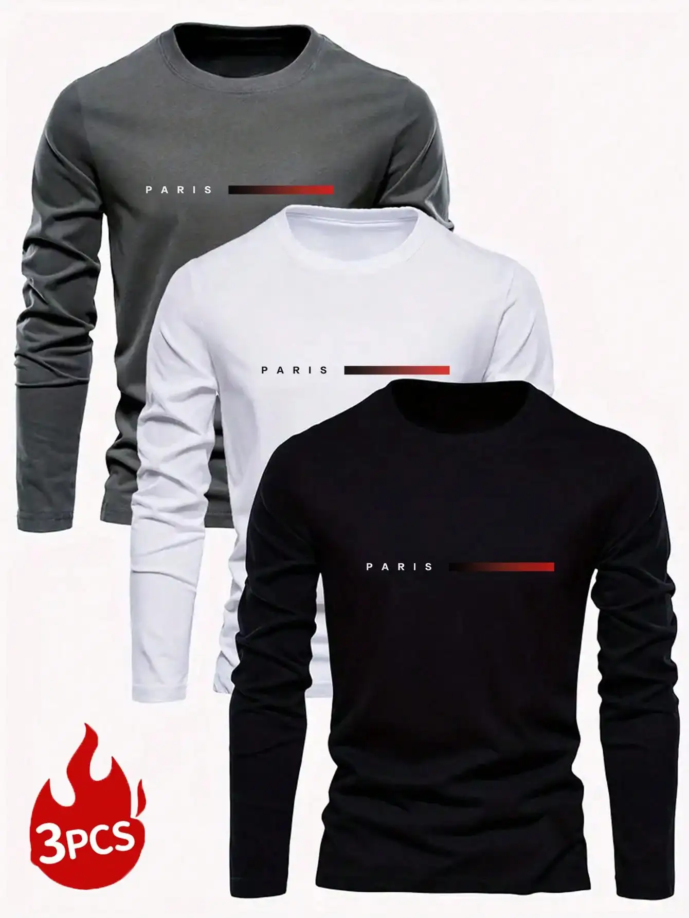 

3-Pack Men's Casual Long Sleeve Tees with Minimalist Graphic Print, Soft Cotton Blend for Daily Wear