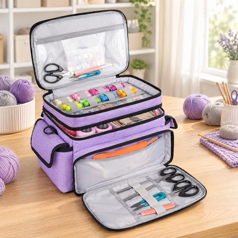 Portable Sewing Case 33x20x23cm Double Layer Design with Sturdy Handle and Detachable Adjustable Shoulder Strap
