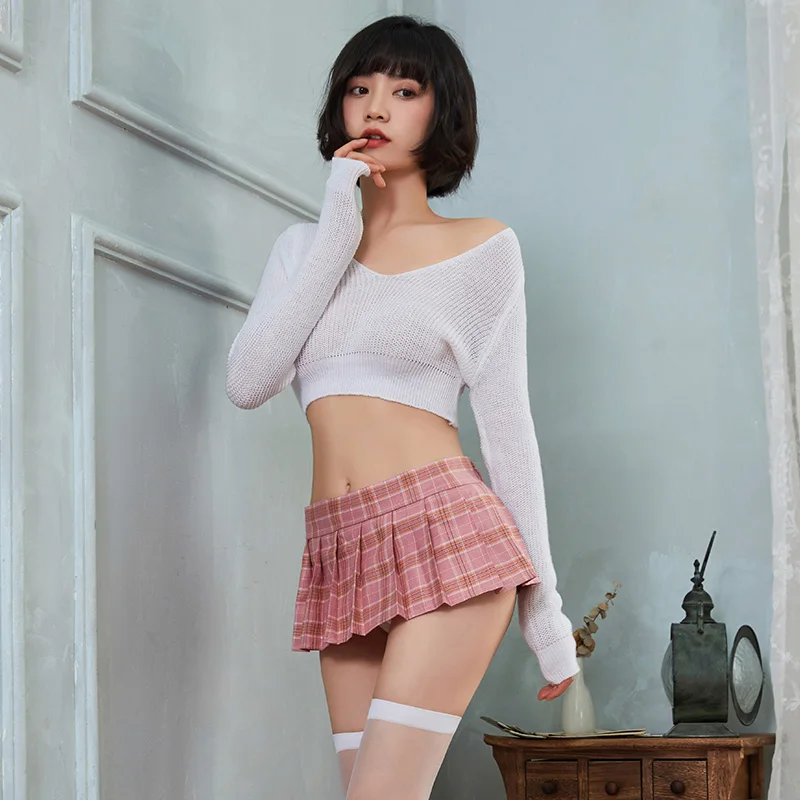 Sexy Sheer Knit Crop Top Lingerie Set Women's Pink Plaid Pleated Mini Skirt + White Thigh High Stockings Roleplay Outfit Cosplay image 4