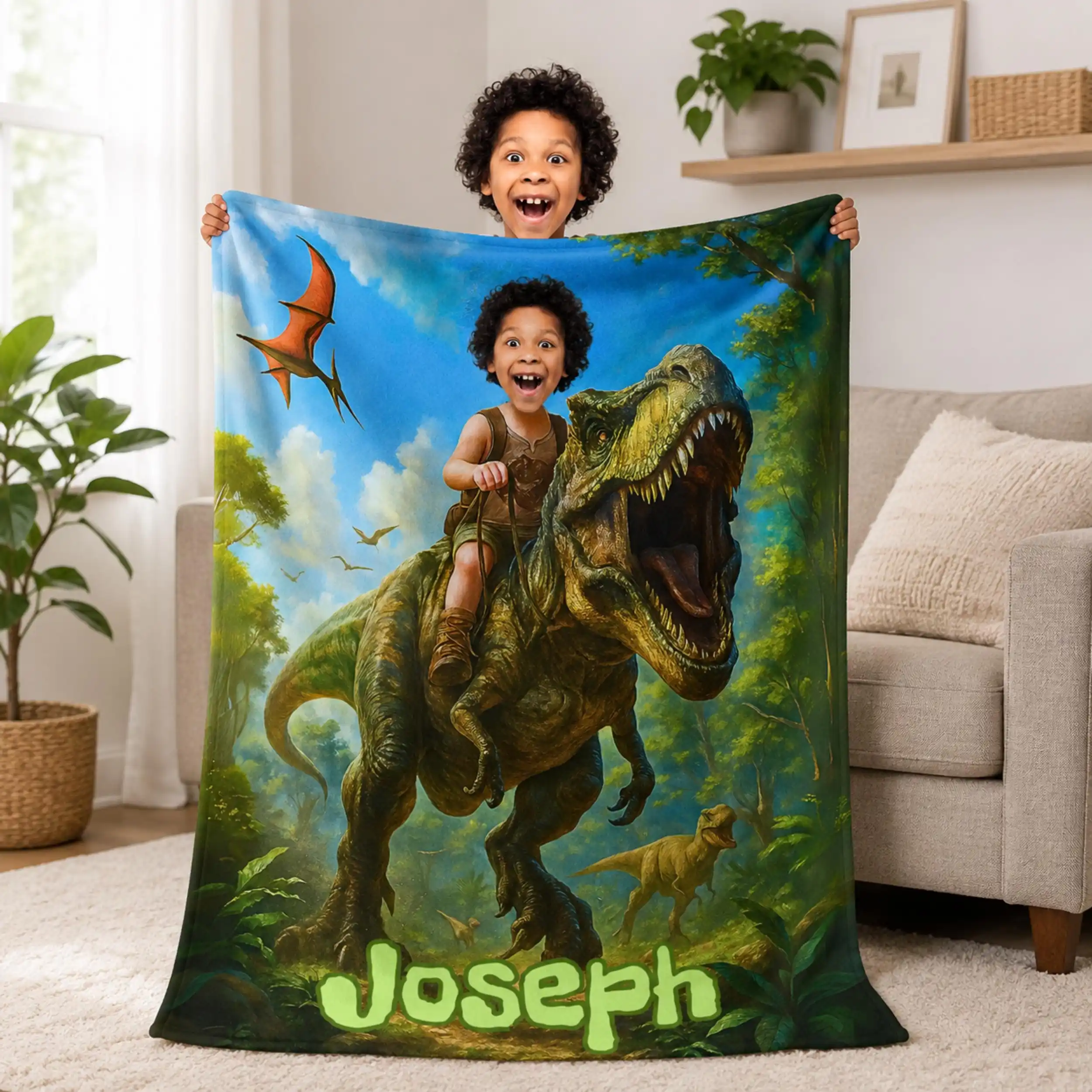 Personalized Dinosaur Blanket with Child’s Photo and Name, Custom Dino Riding Design for Kids.
