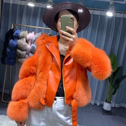 Winter Natural Fox Fur Coat Women Genuine Leather Goose Down Jackets Luxury Thick Warm Outwear Locomotive Motorcycle Jackets