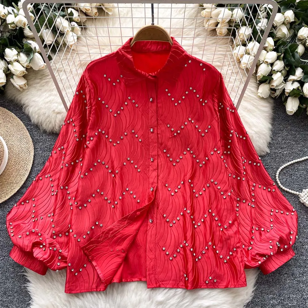 Camisa de strass de luxo para mulher 2025 novo design manga longa lanterna único breasted blusa senhoras topos solto INKEO 5T001