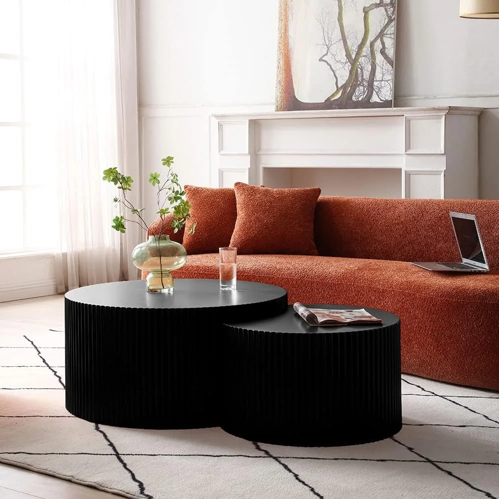 Round Coffee Table Nesting Coffee Table Set of 2 Fluted Coffee Tables Side Tables End Table Set for Living Room Apartment Mall