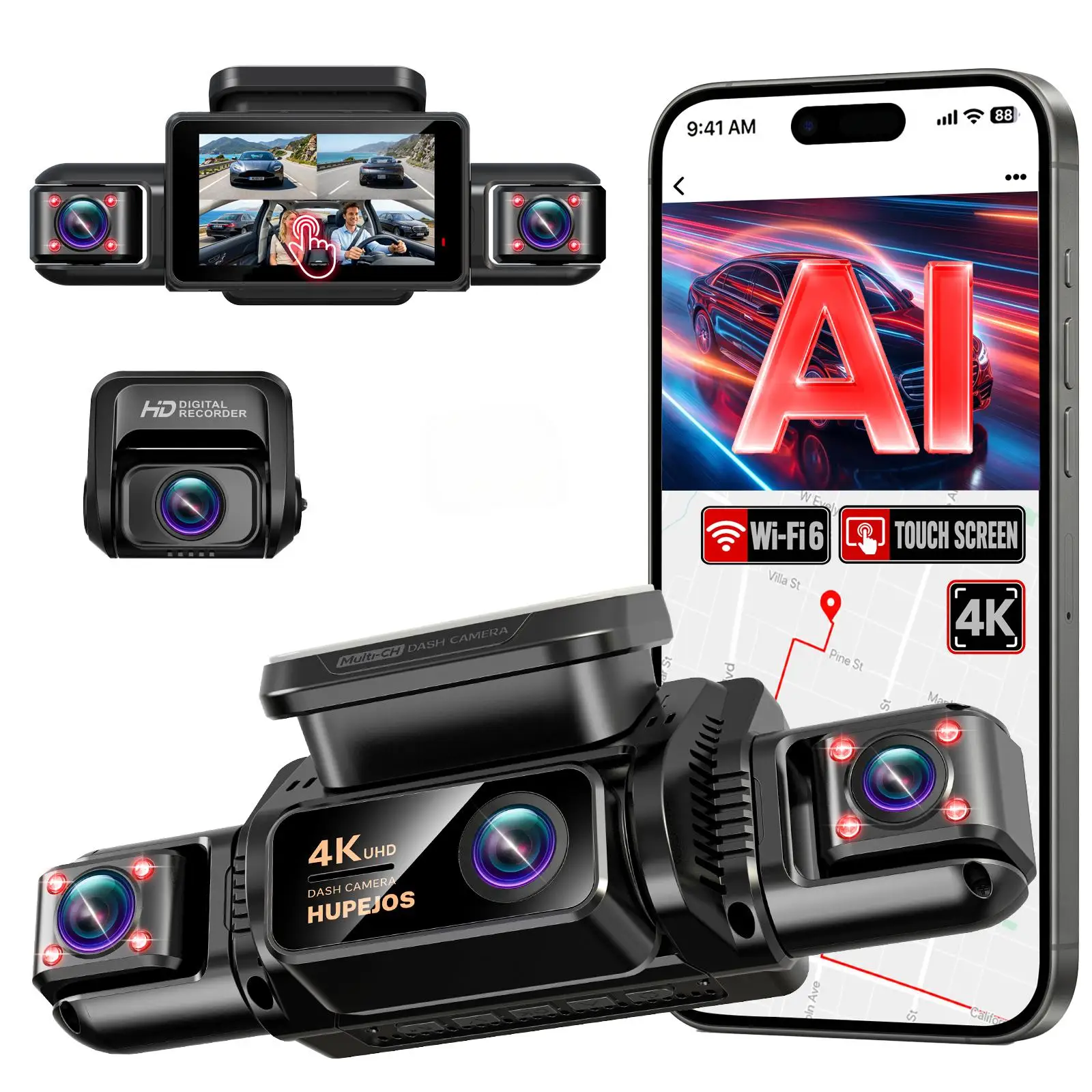 HUPEJOS V9 4CH 360° ° 4K Dashcam, KI-DMS-Monitor, WLAN & GPS, Nachtsicht, Touchscreen & Sprachsteuerung, 24/7 Parkmodus – Detail 1