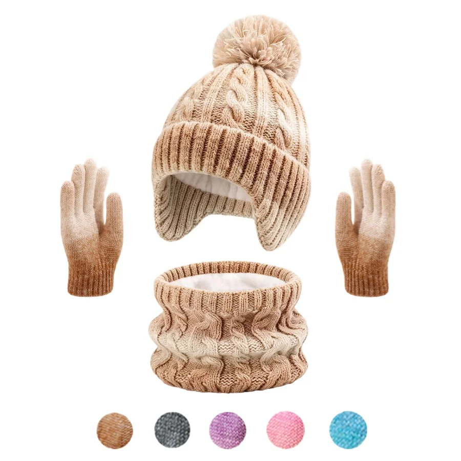 3pcs Warm Thermal Knitted Beanie Scarf Gloves Set Chunky Cable Knit Pattern Earflap Pom Pom Windproof Winter Accessories