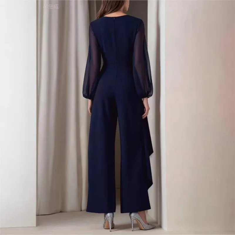 2026 Elegant One-Piece Jumpsuit Navy Blue V-Neck Silk Chiffon Mesh Fabric Long-Sleeved Casual Wide Leg Pants Office Work Clothes view 2