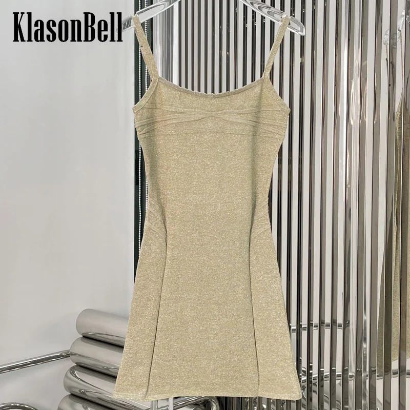 

8.23 KlasonBell Women Fashion Gold Line Knit Spaghetti Strap Dress Sexy Backless Three-dimensional Collect Waist Mini Dress