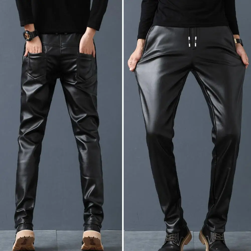 

Spring Men Faux Leather Pants Elastic High Waist Lightweight Casual PU Leather Trousers Thin Causal Trousers pantalones hombre