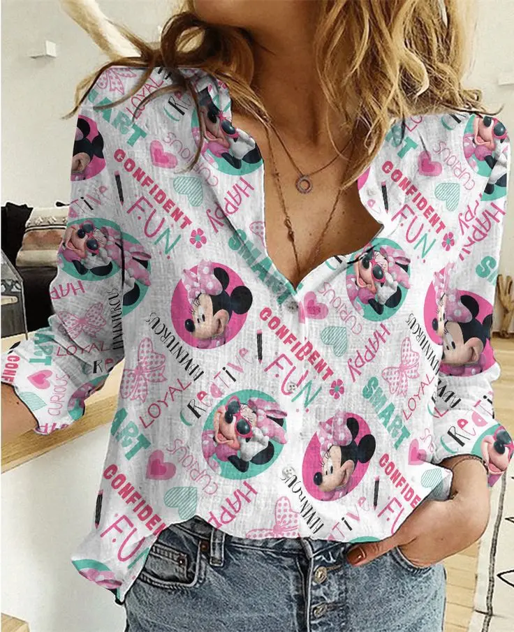 

2025 Valentine's Day Mickey Minnie Linen Shirt Disney Women's Shirt Cartoon 3D Printed Button Shirt Mickey Mouse Casual Shirt