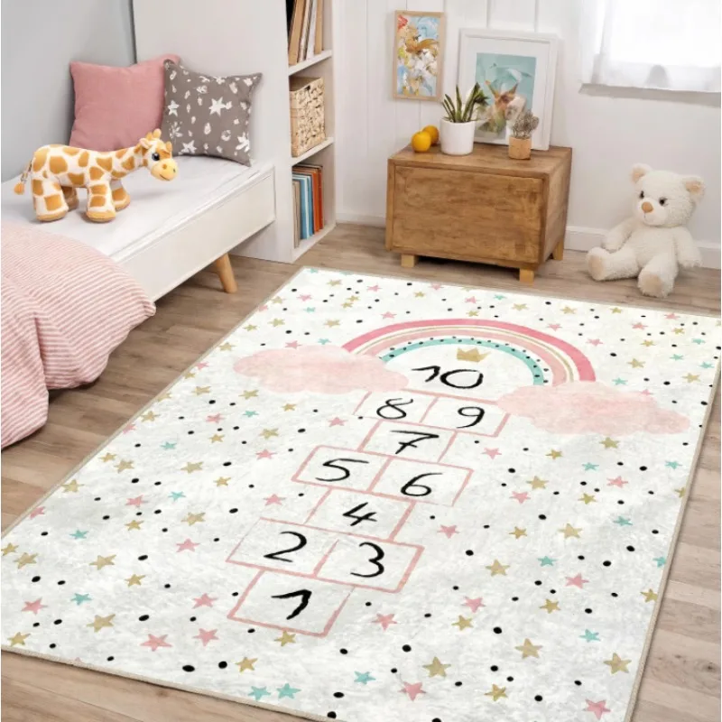 Rainbow Hopscotch Kids Rug - Playroom Fun Learning Mat - Pastel Star Theme Carpet - Nursery Play Mat - Non Slip Educational Rug