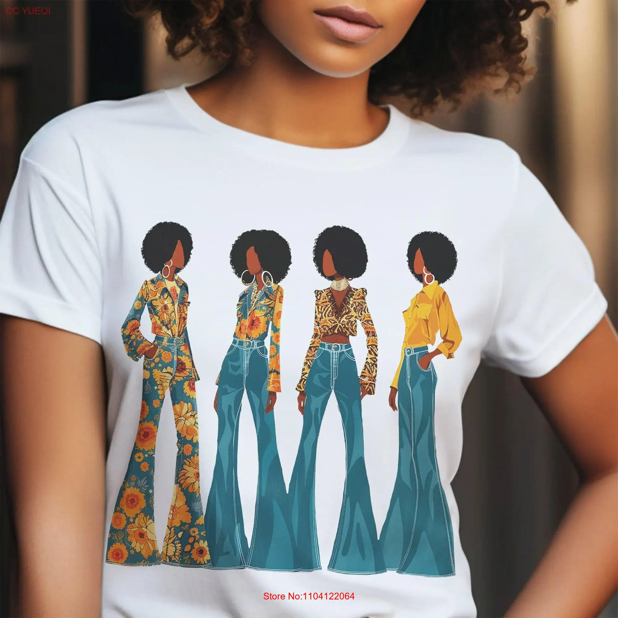 Afros and Bell Bottom Jeans T Shirt African American 70s Vibe Fashion Illustration Old School Black Woman Art Adult