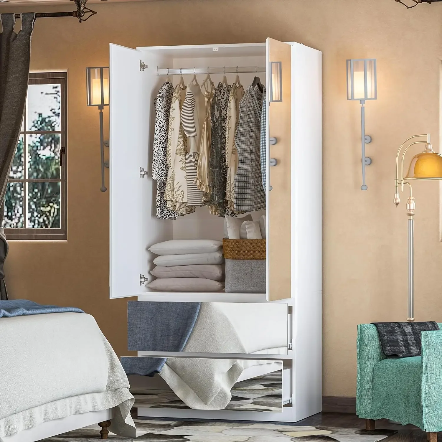 

Mirror Wardrobe Armoire with Drawers, Wardrobe Armoire Closet with Glass Full Length Mirror Doors Drawers & Hanging Rod