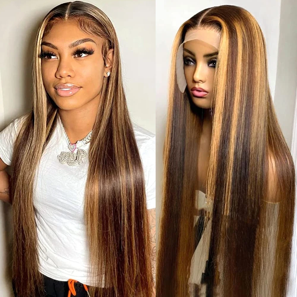 Straight Highlight Wig 13x4 Lace Front Human Hair Wigs 30 Inch For Women Transparent Lace Frontal Wig Color 4/27 Ombre Lace Wig