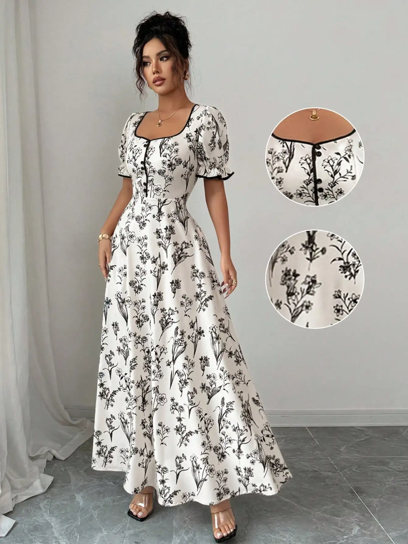 

Женское ретро-платье макси А-силуэта с цветочным принтом, квадратным вырезом и пышными рукавами