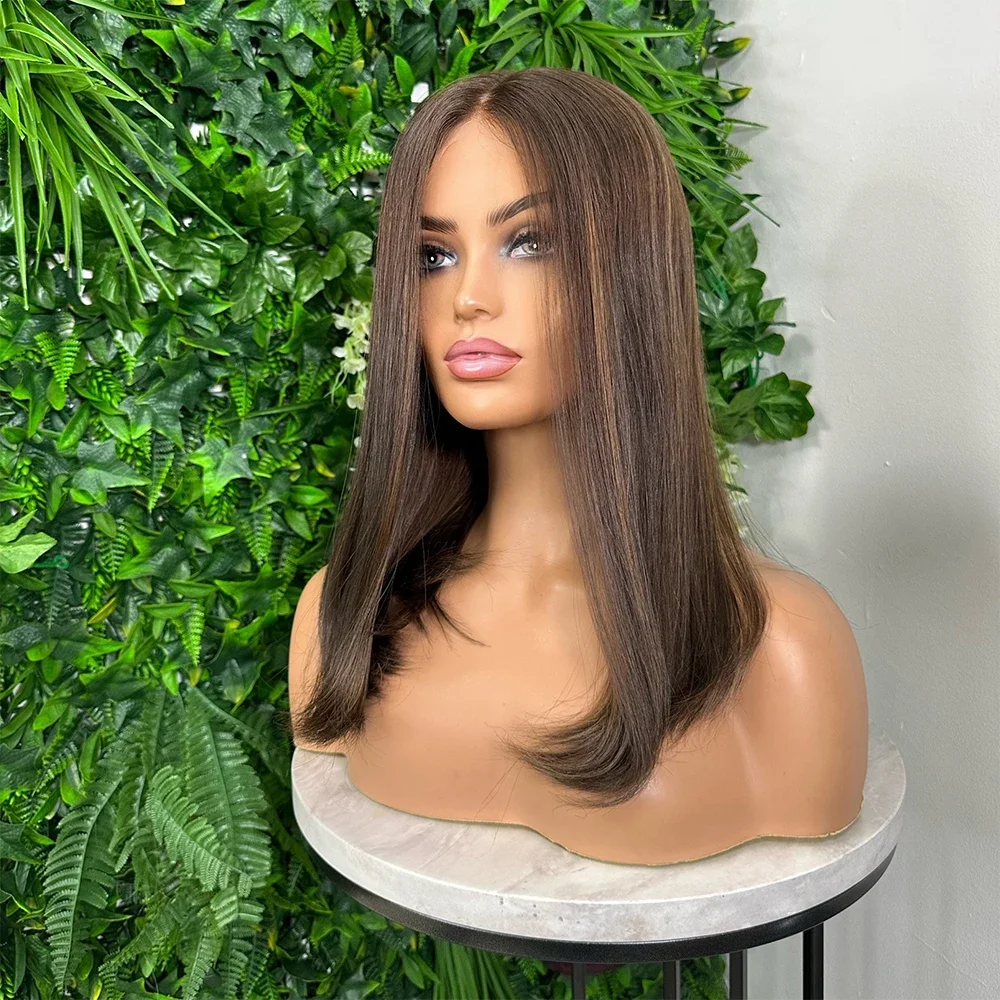 180Density Brown 5x5 Silk Base Jewish Human Hair Wig 18inch Straight With Baby Hair HD Lace European Hair Preplucked