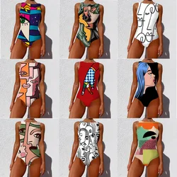 One Piece Swimsuit 2023 New Vintage Bikini Personality Abstract Print Beach Wear Backless Sleeveless Swimwear Women