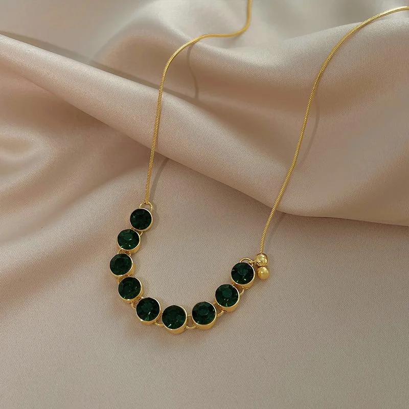 Korean Fashion All-match Fashion Green Zircon Necklace for Women Luxury High-end Collarbone Chain Adjustable Pendant Jewelry