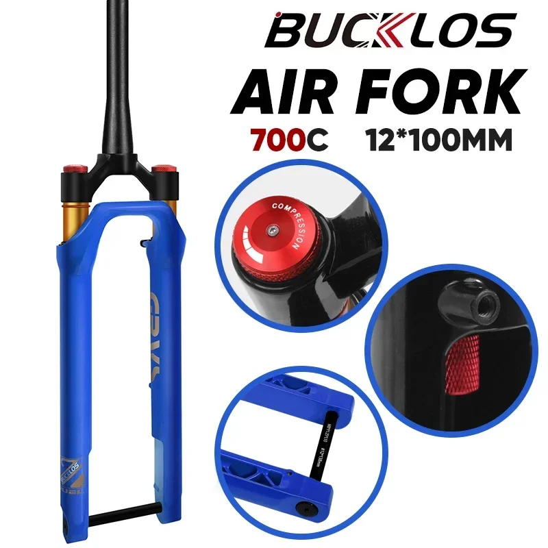 

BUCKLOS 700C Bike Air Fork Gravel Road Bicycle Air Suspension Fork 12*100mm Travel 40mm Bike 700C Fork Tapered Tube Bicycle Part