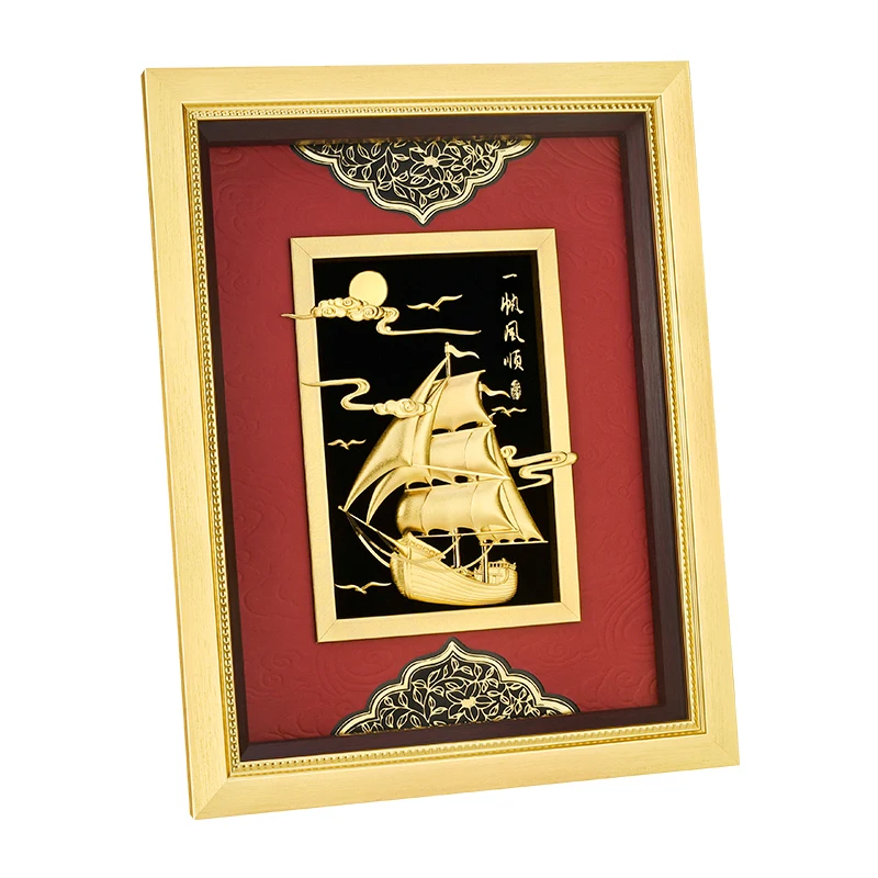 Gold Foil Sailboat Painting 24K Gold Foil Handicrafts Fengshui Lucky Sailboat Painting Business Opening Gift Home Decoration