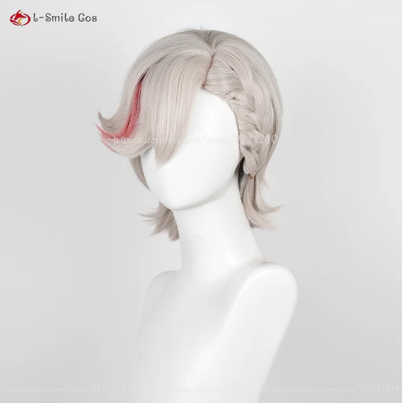 Perruque Synthétique de Cosplay Lyney, Cheveux Gris, localité, Rouge, Bonnet, Degré de Chaleur, 32cm