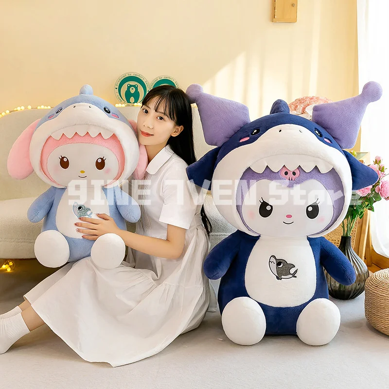 Grande brinquedo de pelúcia para crianças, novo Sanrio transformar em um tubarão, boneca Kuromi, minha melodia, aniversário e presente de Natal