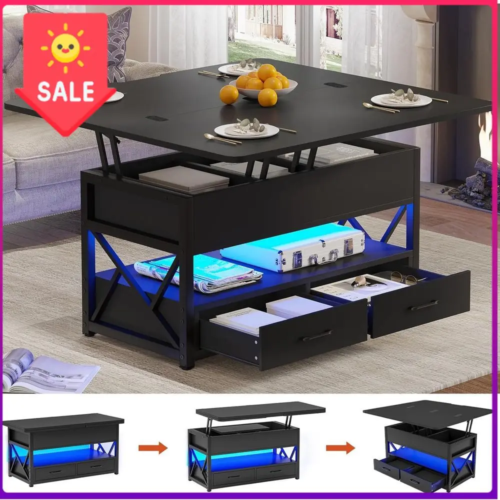 

Бестселлер: Кофейный столик с 40 светодиодами и подсветкой, с местом для хранения, функциональная мебель для гостиной 4-в-1, компактный кофейный столик с 2 ящиками