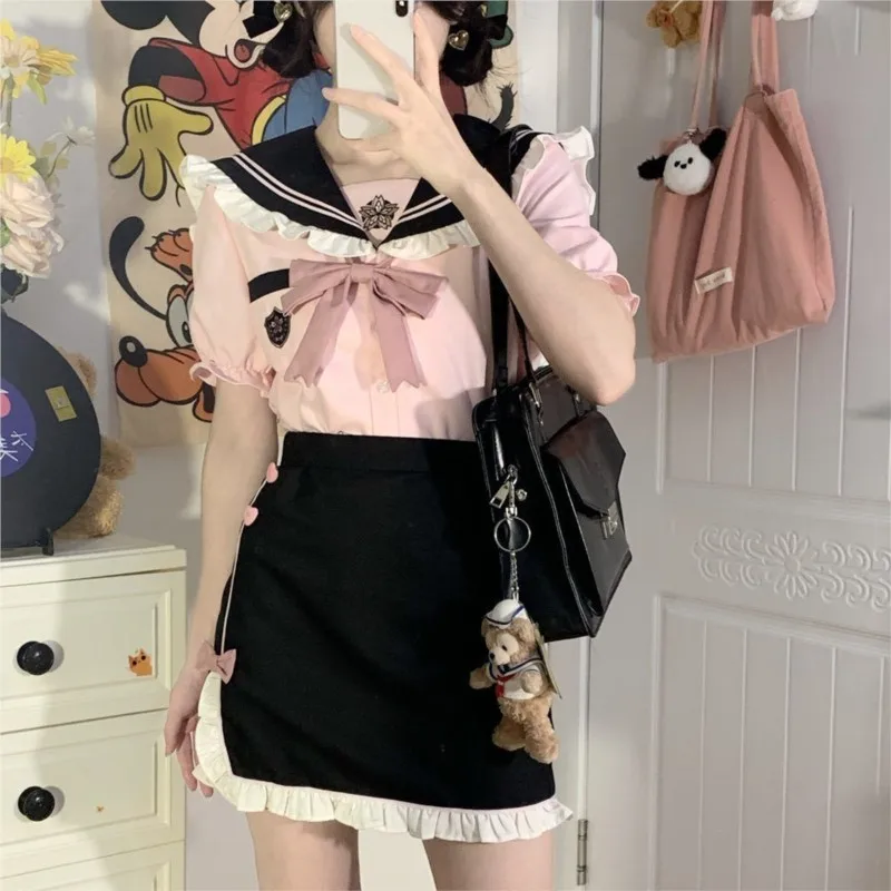 Japanische koreanische College-Stil rosa jk Uniform Matrosen anzug Mode schlanke hüft umarmende Mädchen Schuluniform Cosplay Kostüme Outfit