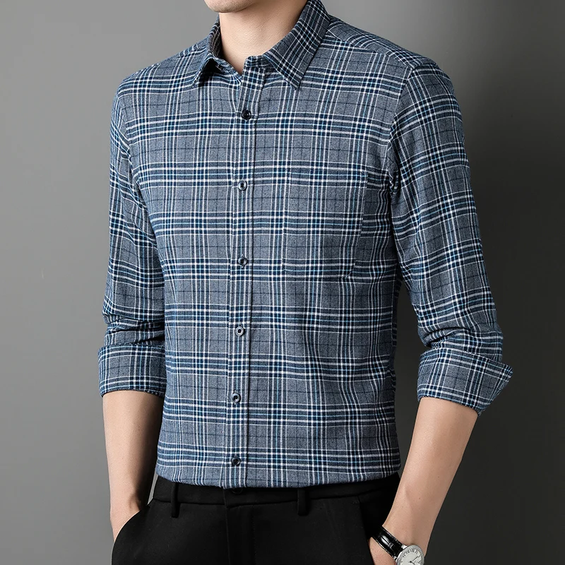 Nuevo 100% de algodón para hombre, camisa de negocios versátil clásica a la moda informal de manga larga de franela, ropa suave y transpirable para hombre