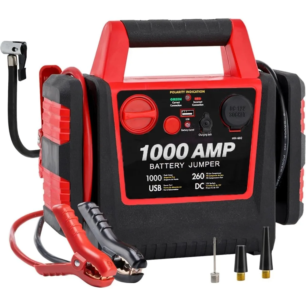 Car Jump Starter Power Pack with Air Compressor, 1000A 12V UltraSafe Lead-Acid Battery Booster Power Pack with USB Socket