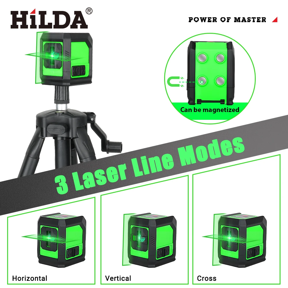 HILDA Laser Level 2 Linien selbstnivellierender Laser mit grünen Strahlen, horizontale und vertikale Kreuzlinie mit 1 m Stativ zum Aufhängen von Bildern – Detail 2