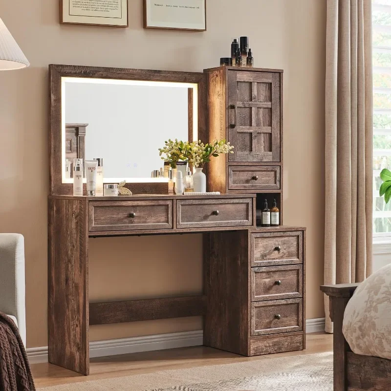 Farmhouse Vanity Desk with Touch Screen LED Mirror, 47