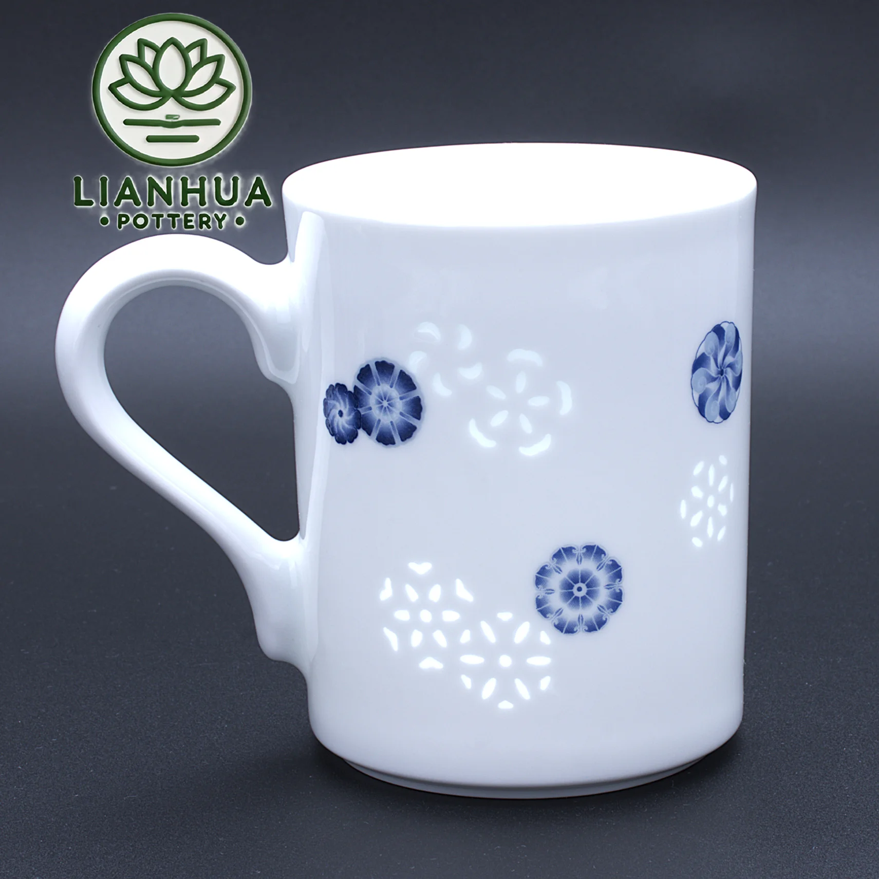 

LIANHUA POTTERY Linglong Porcelain Mug 350ml Handcrafted Blue Floral Design Luxury Wedding Anniversary and Birthday Gift