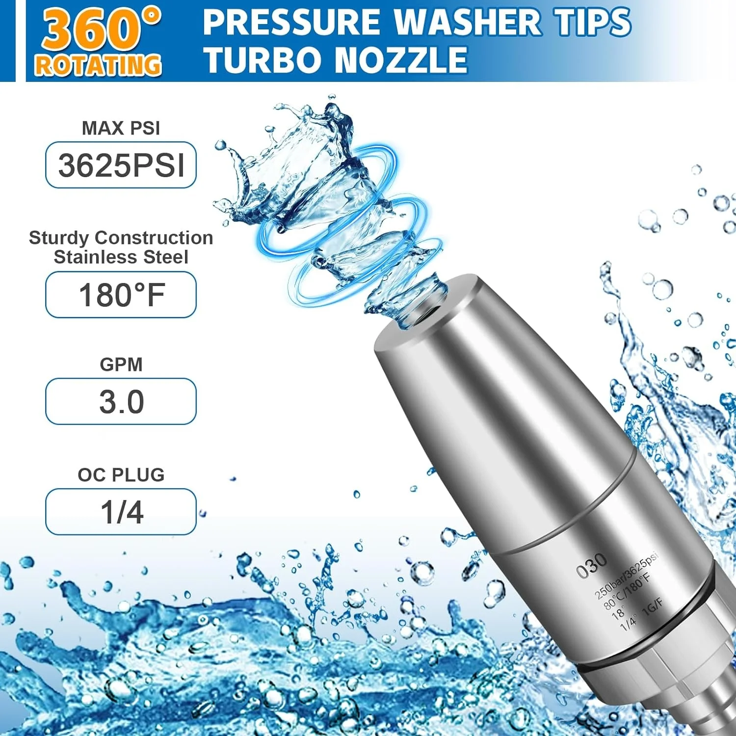 1pc Car Pressure Washer Rotating Turbo Nozzle With 1/4 Quick Connecter Stainless Steel 3625 PSI Car Accessories