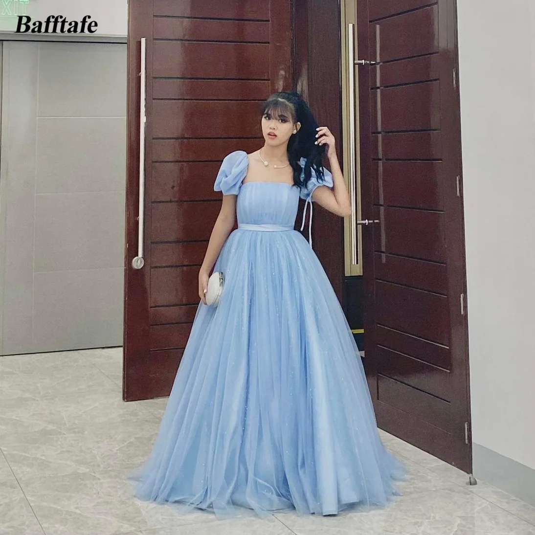 

Bafftafe Sparkly Tulle Short Sleeves Korea Prom Dresses Sky Blue Women Evening Gowns Formal Party Wedding Photo Shoot Wear 2024