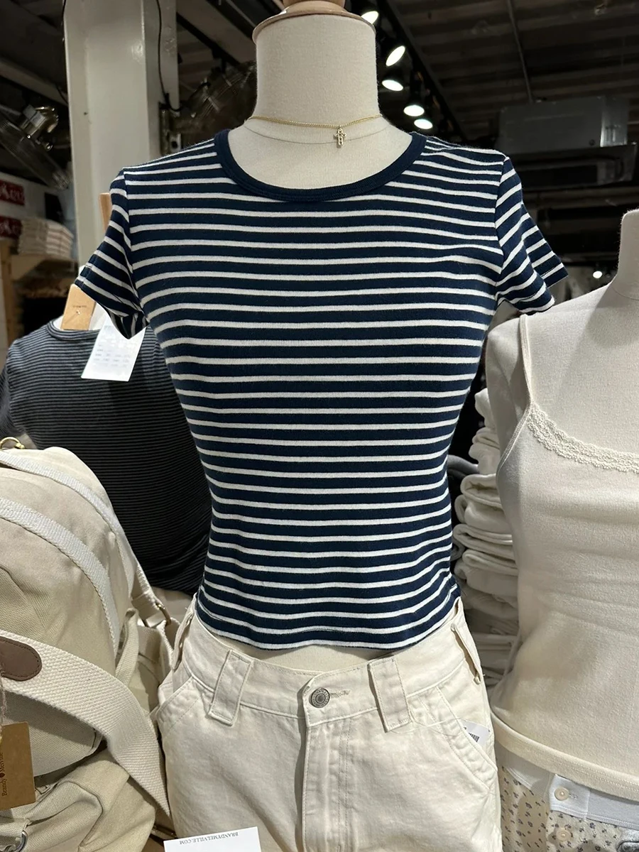 

Navy Striped Vintage Slim T-Shirt Women Round Neck Short Sleeve Cotton Tshirt Femme Casual Fashion Y2k Crop Top Summer Tees