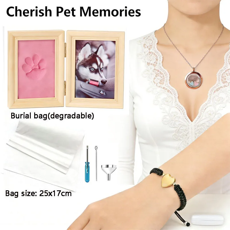 

Pet Memorial Keepsake Kit with Paw Print Frame, Fur Locket Necklace, Ashes Bracelet & Burial Bag