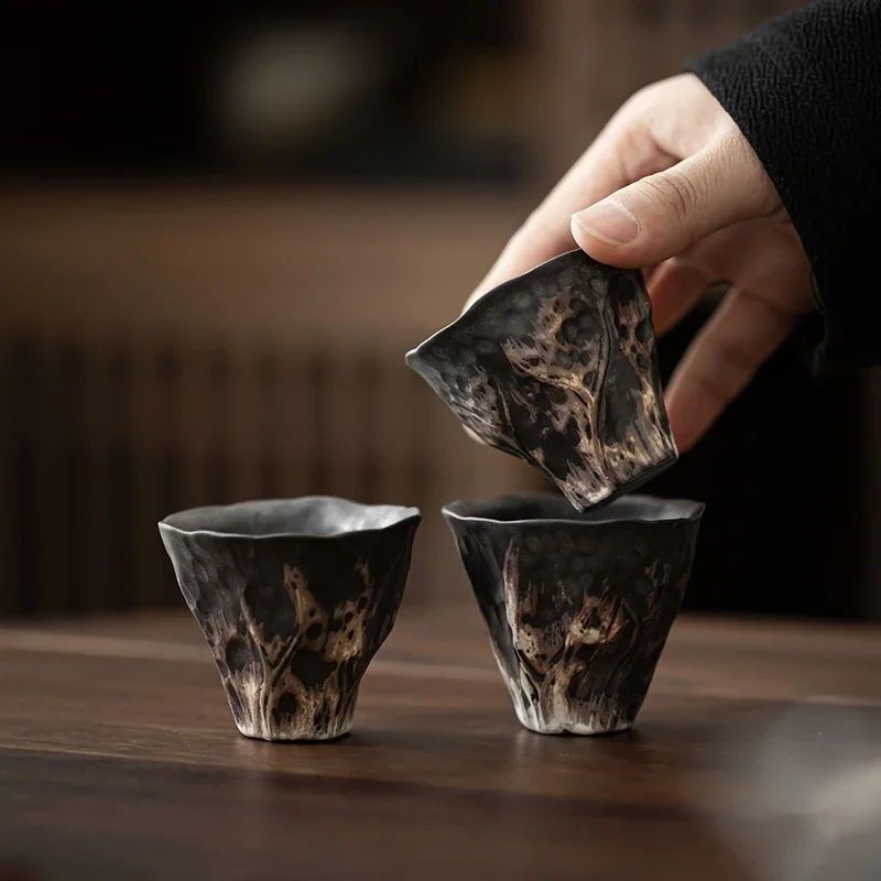 Wabi-sabi quiet thing black pottery handmade powder guide home tea cup retro Chinese Zen small sized tasting tea cup single cup