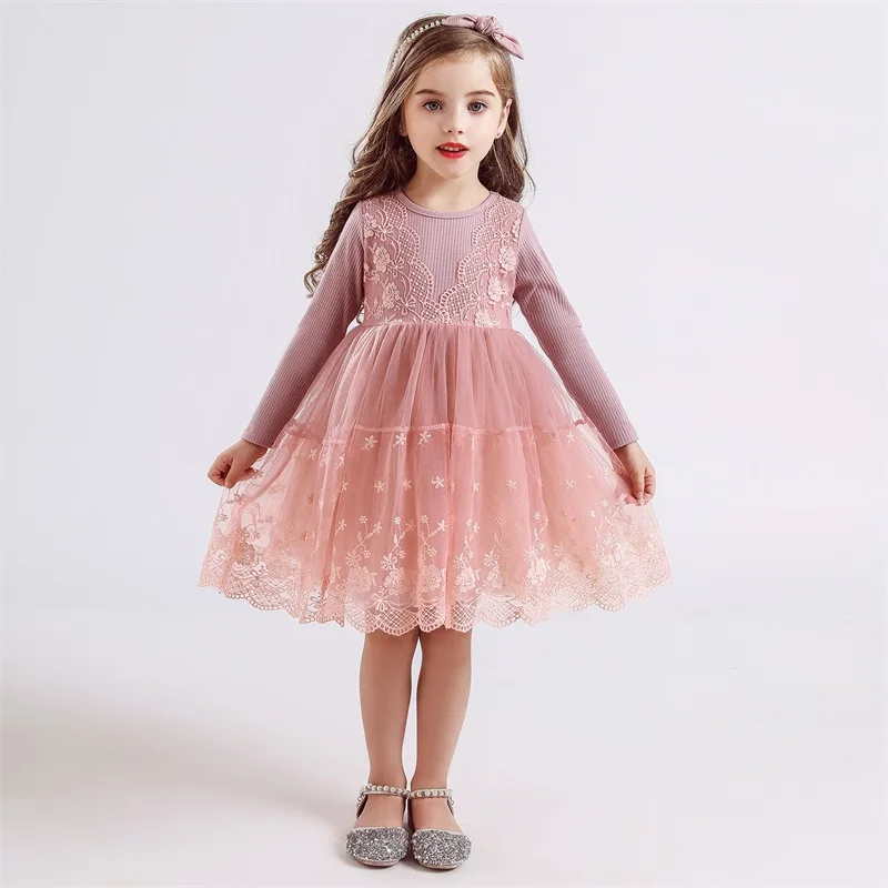 Girls Spring Summer New Dress Lace Tutu Flower Party Dress Kids Mesh Long Sleeve Holiday Casual Clothing Birthday Vestidos 3-8T