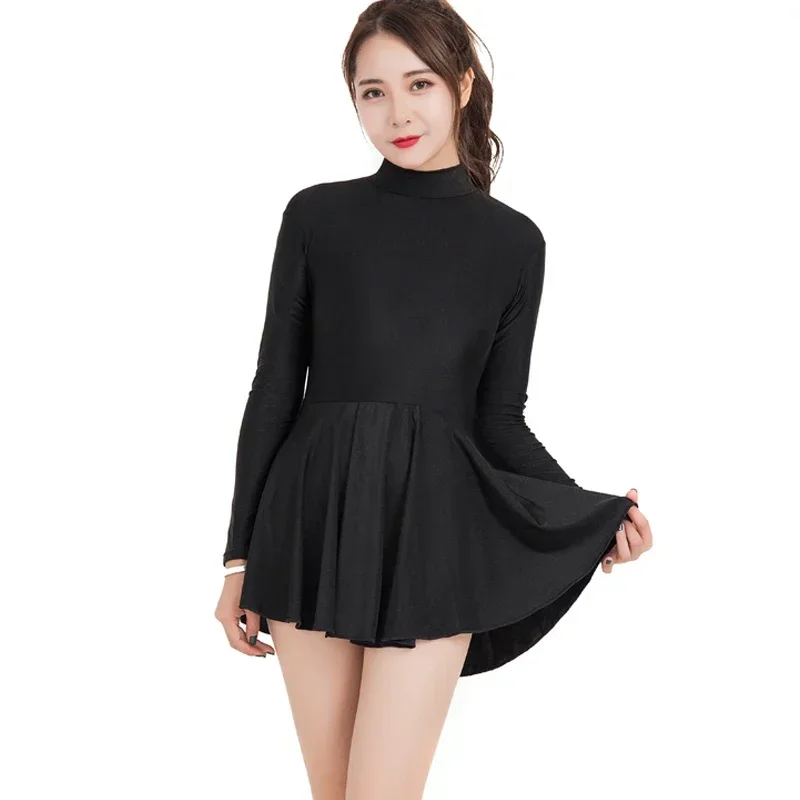 

Womens Long Sleeve Skirted Ballet Skirt Professional Spandex Leotards Dance Gymnastic Dress Unitard Bodysuit Bodycon Zip Back
