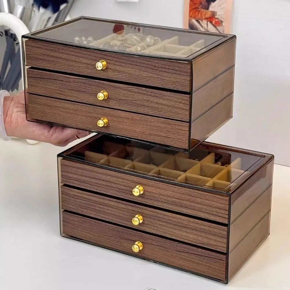 多層木製ジュエリーボックス透明窓付き三層引き出しオーガナイザー大容量スクエアデザイン
