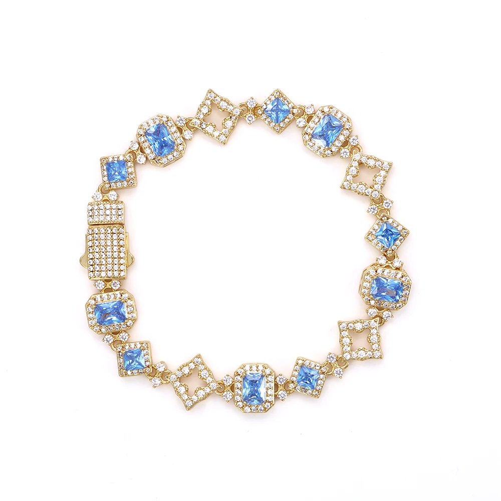 ESKEEM 11MM Iced Out Gemstone Bracelet New Square&Star Shape Blue Cubic Zirconia Cuban Link Chain 18kGold Plated Hip Hop Jewelry