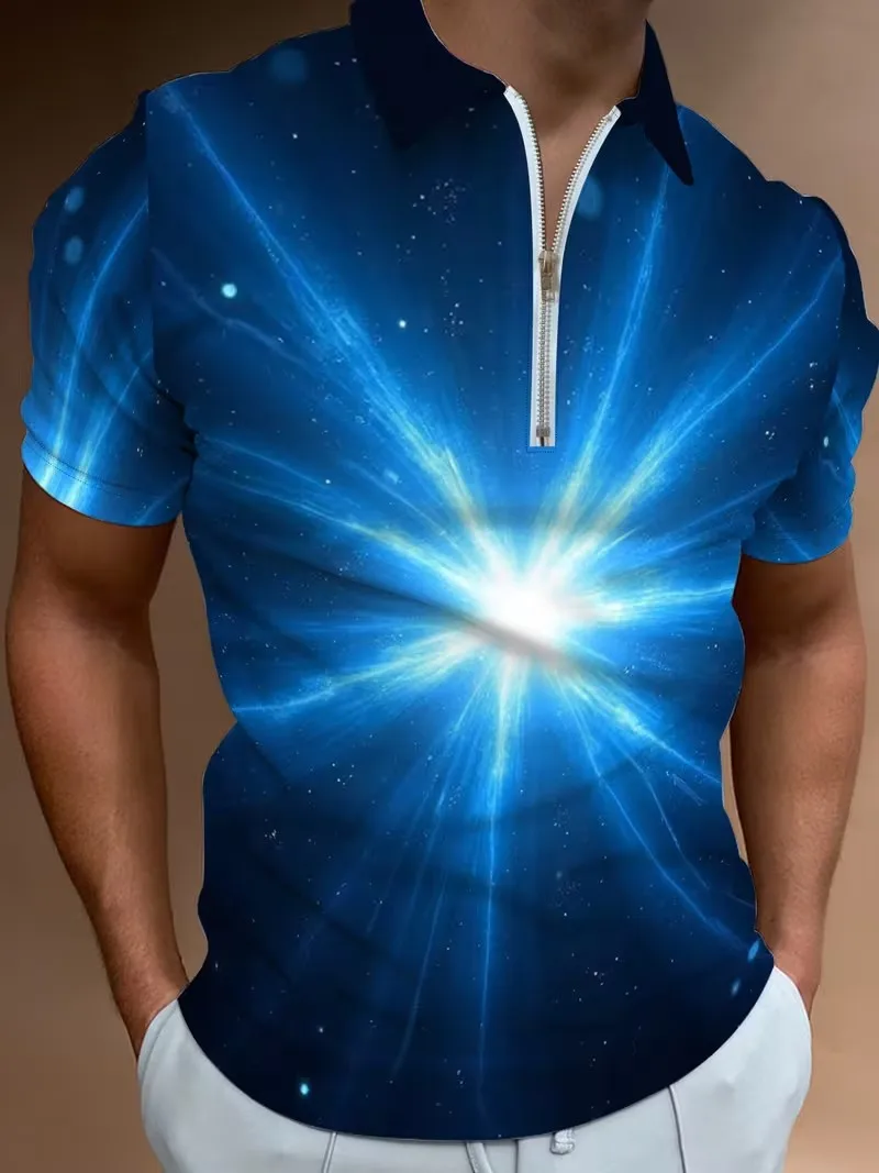 2026 summer new men's short sleeved zipper polo shirt, 3D printed fashionable casual trend abstract element versatile top