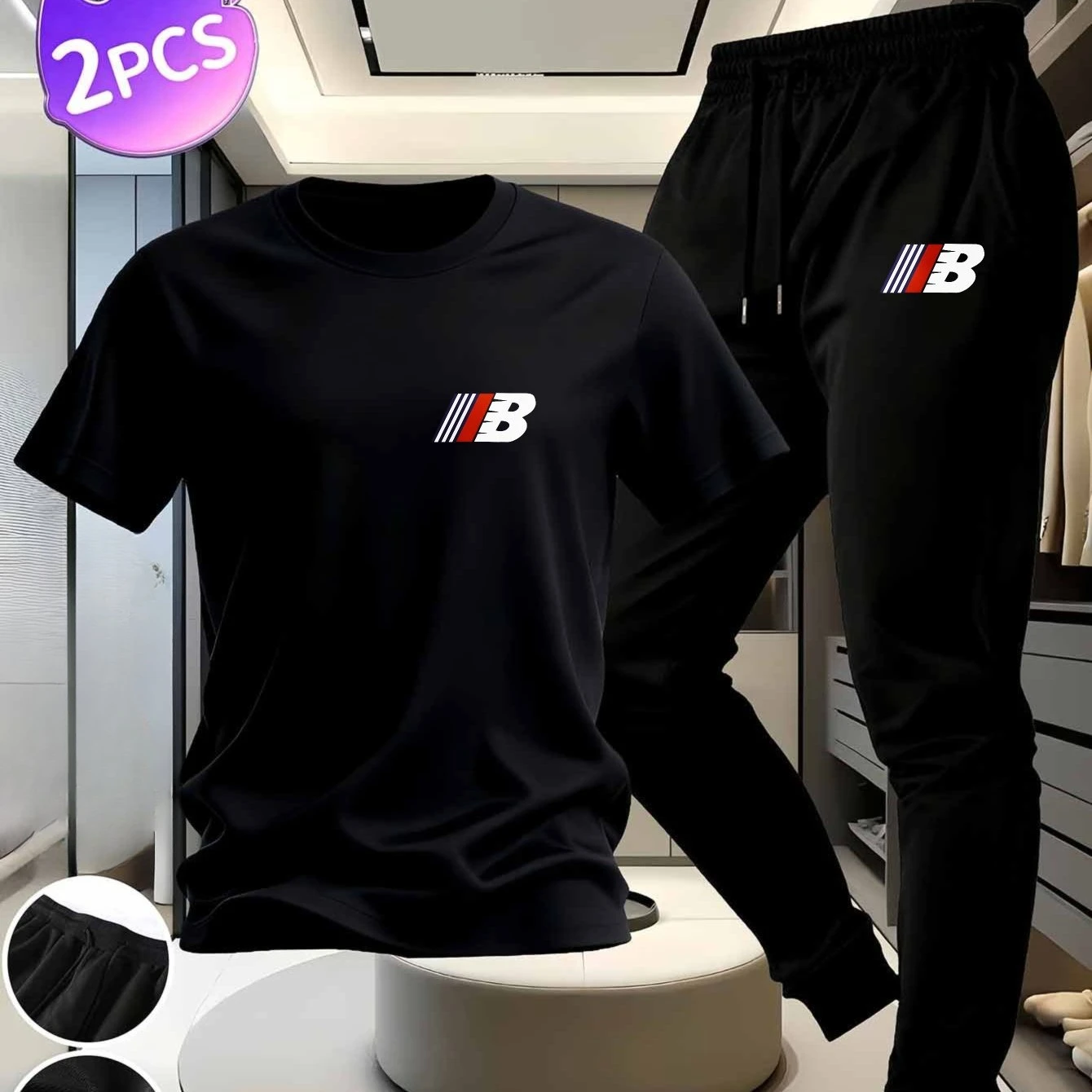 

Men's casual suit White pure cotton t-shirt black trousers with a letter "B print on the front chest Suitable for daily exercise