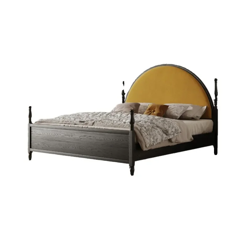 

American solid wood French retro black double bed modern simple master bedroom medieval soft bag bed