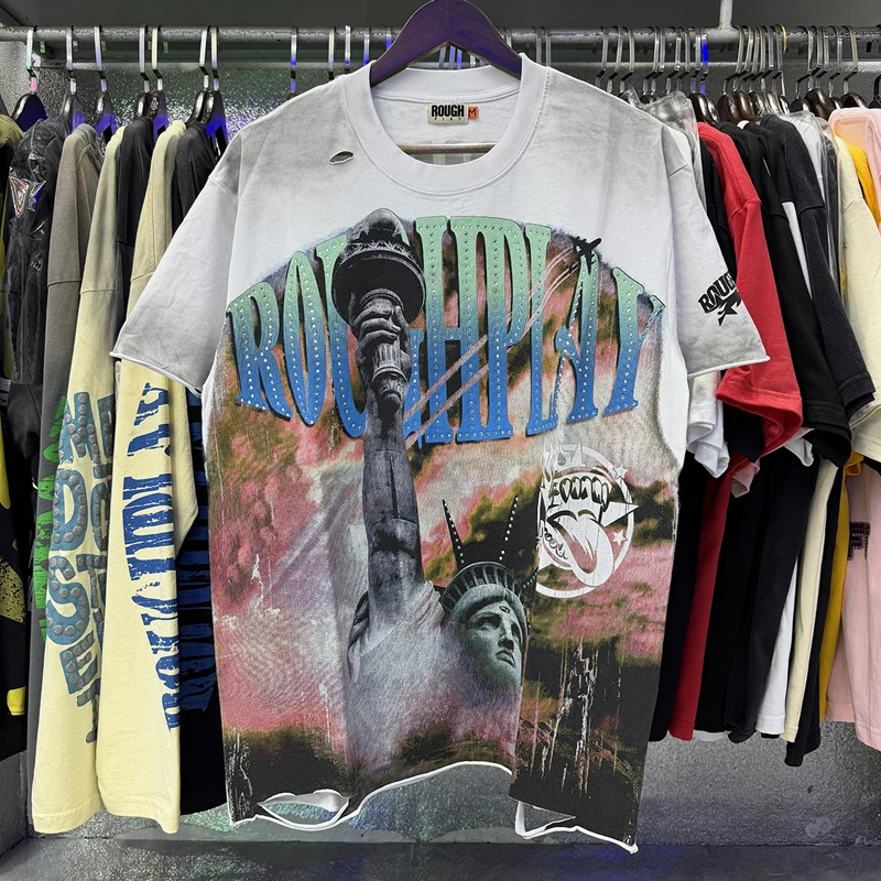 New Y2K Liberty Statue Back Print Tee Washed Hot‑fix Rhinestones Gradient Loose‑fit Punk Street Roughplay T‑shirs
