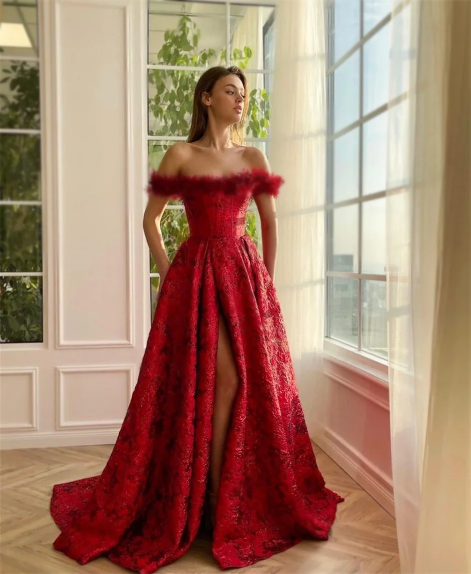 Luxury Red Off the Shoulder A-line Evening Dresses Women Long Printing Flower Corset Side Slit Backless Elegant Prom Dress 2024