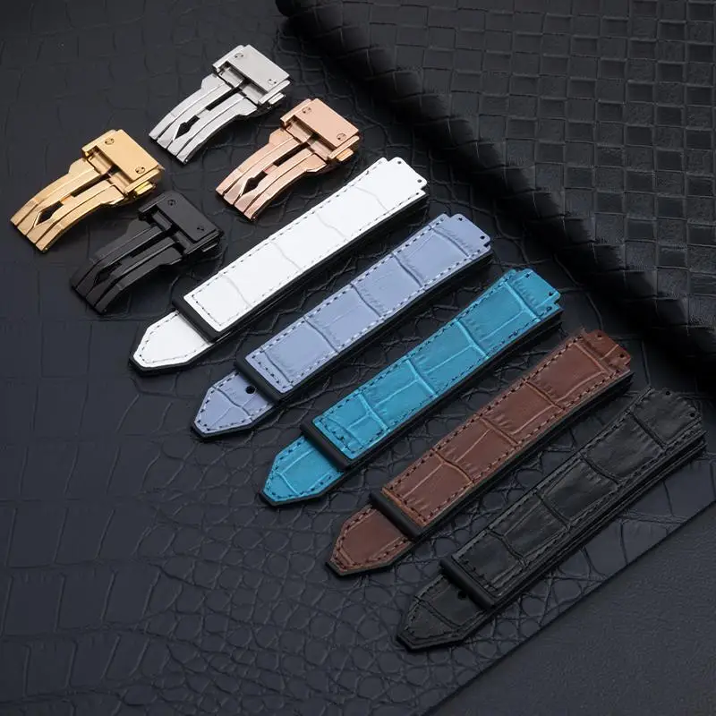 

HAODEE 20x13mm 18mm Buckle Soft Bamboo Leather Rubber Watchband Fit For Hublot Strap Quartz Fusion Women Watch Belt Folding