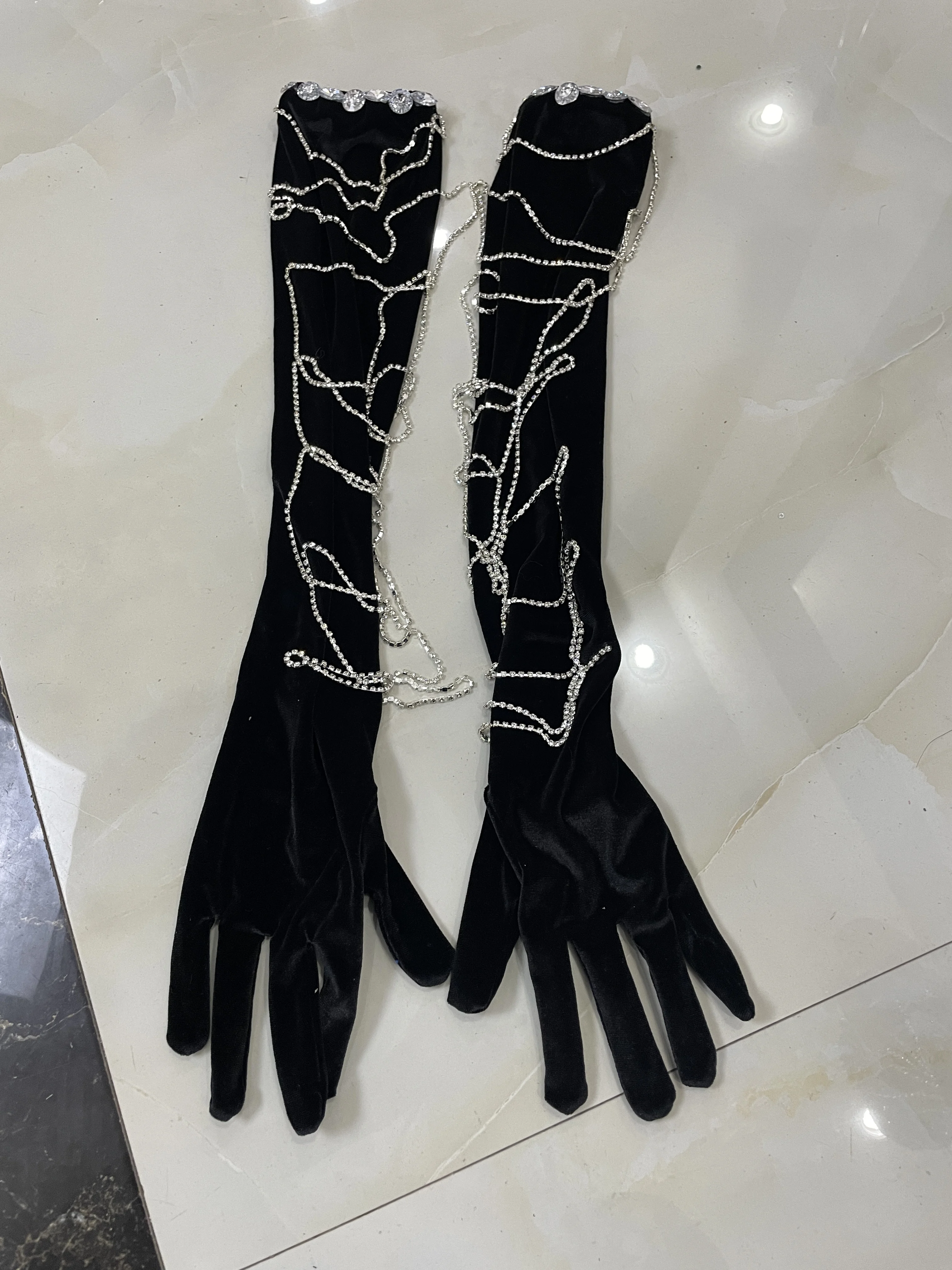 Luxury Sparkly Rhinestones Mesh Sexy Split Velvet Long Dress With Gloves Birthday Celebrate Wedding Gown Stage Photo Shoot Wear